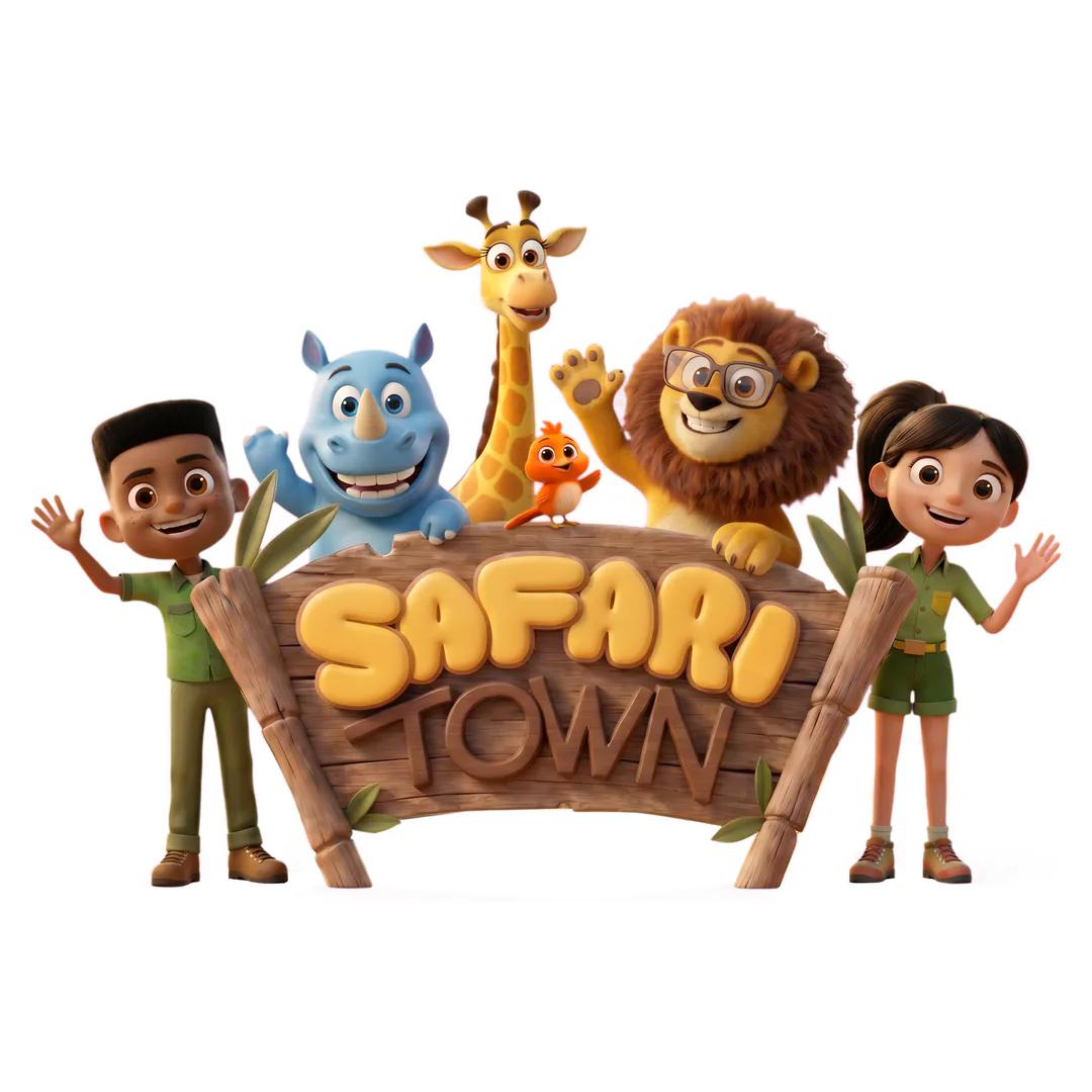 Safari Town cast — Leo the lion, Barry, Gigi the giraffe, Sally the bird, and two kids around the Safari Town sign